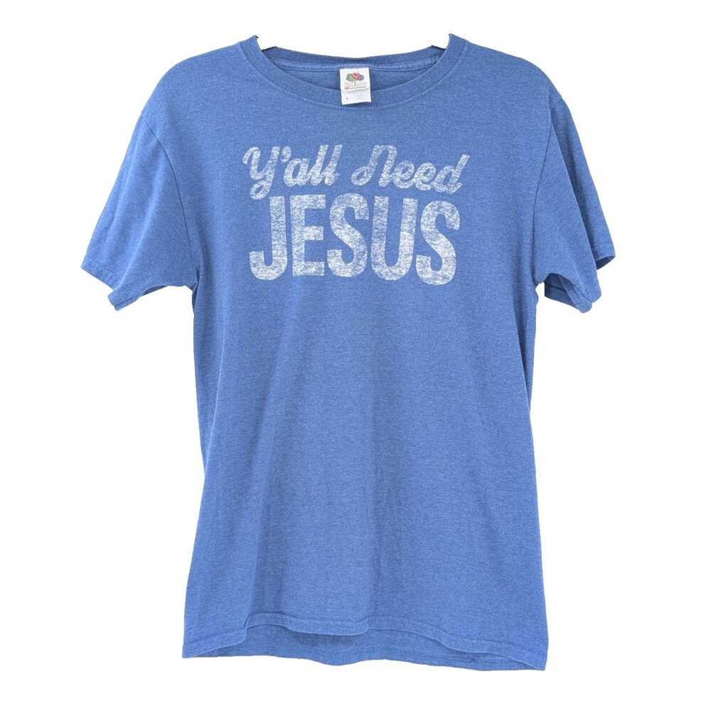 Y'all Need Jesus Mens Light Blue Faded Graphic T-Shirt Funny Size Small